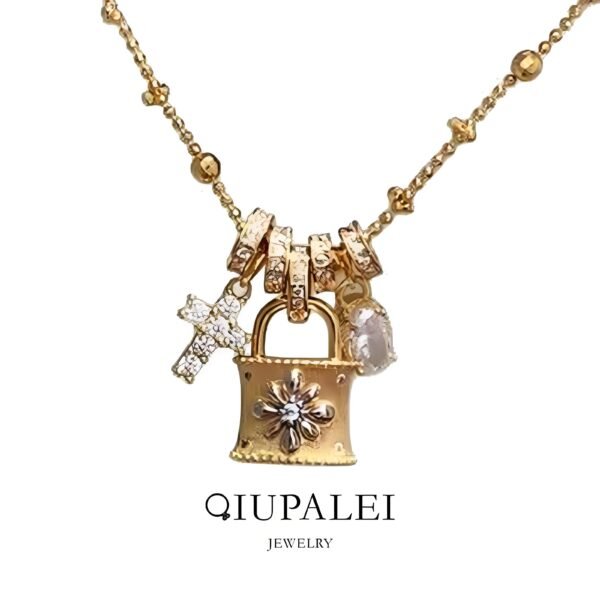 Holy Lock: QIUPALEI Gold Cross & Flower Lock Pearl Pendant Necklace - Image 4