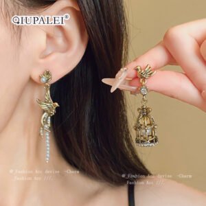 QIUPALEI JEWELRY | “Caged Bird & Free Bird” Faux Pearl Earrings - 925 Silver Studs with Zirconia Unique design