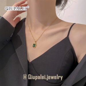 QIUPALEI | Lucky Emerald: Perfume Bottle Shaped Titanium Necklace - Fine micro zirconia Fashion Focus