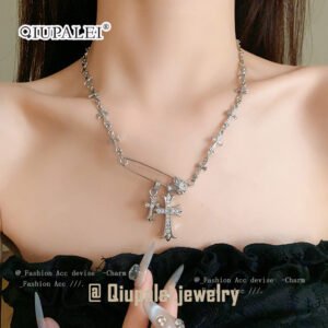 QIUPALEI JEWELRY |Trendsetter: Cross pendant necklace with pin safety clasp - Cubic zircon setting - Personalized