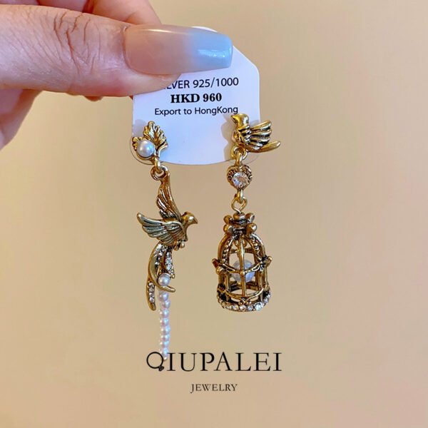QIUPALEI JEWELRY | “Caged Bird & Free Bird” Faux Pearl Earrings - 925 Silver Studs with Zirconia Unique design - Image 4