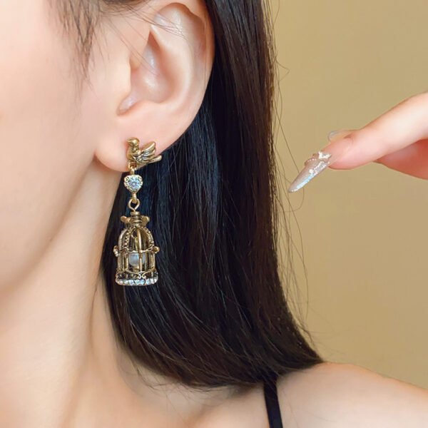 QIUPALEI JEWELRY | “Caged Bird & Free Bird” Faux Pearl Earrings - 925 Silver Studs with Zirconia Unique design - Image 3
